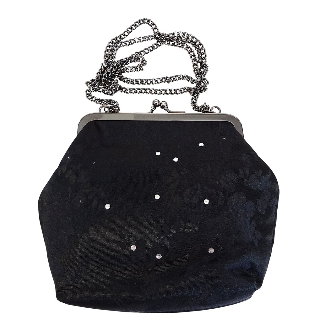 Marco Avane Black Beaded Rhinestone Clutch‎ Evening Bag Kiss Lock Chain Strap